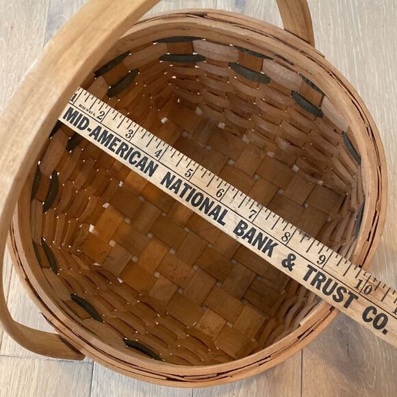 Vintage Basket Woven Wood Slat Hinged Handle Apple Design Green Accent 8.5x10” - Picture 11 of 16
